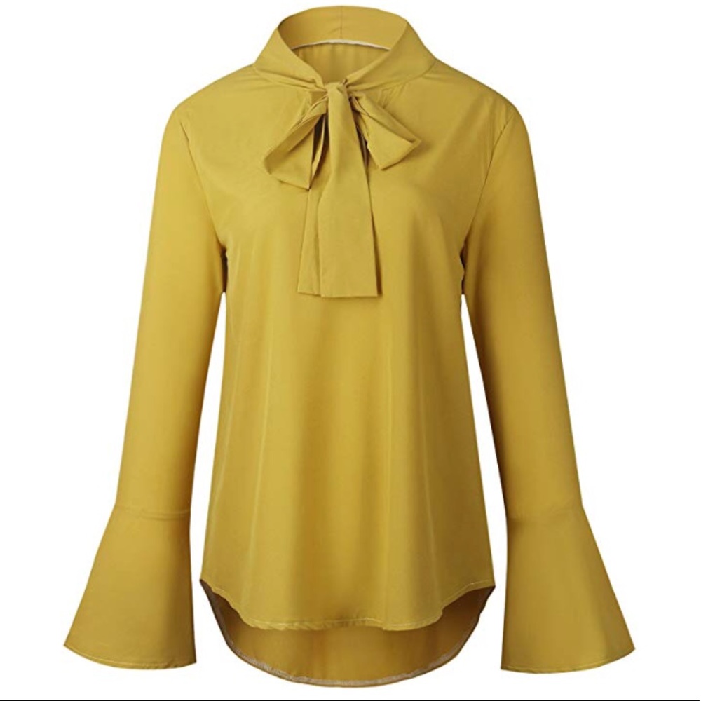 Amo Mustard Bow Tie Long Bell Sleeves Blouse - Picture 5 of 6